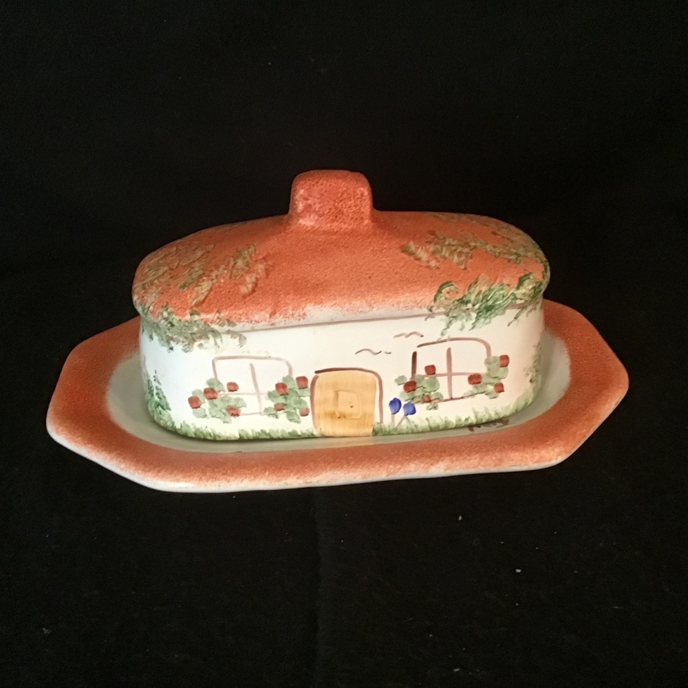 Hand-Painted Cottage Butter Dish with Orange Roof